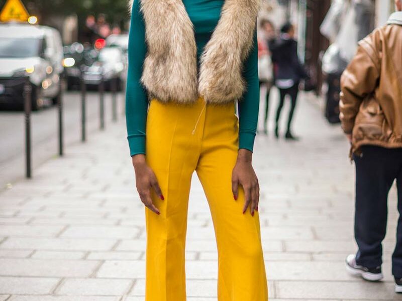 Pantalon à pattes d'éléphant Jaune Femme, Fourrure